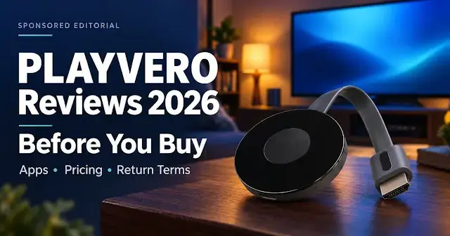 Banner reading “Sponsored editorial — PLAYVERO Reviews 2026: Before You Buy — Apps, Pricing, Return Terms” beside a round black streaming device with an HDMI cable, in front of a TV
