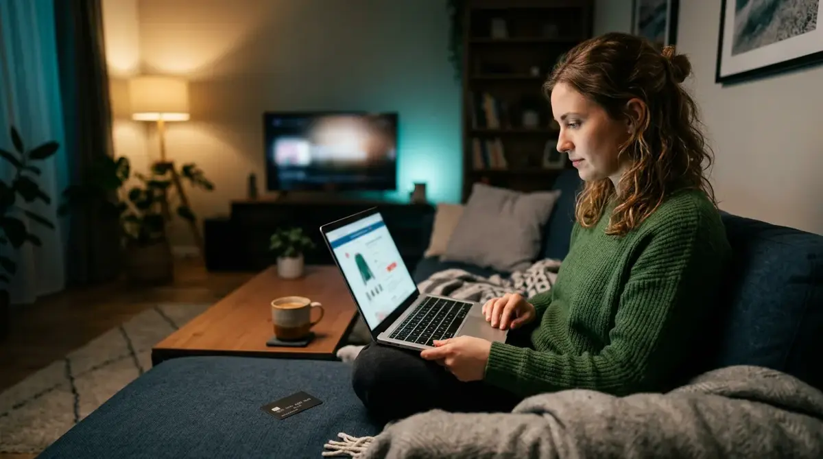 PLAYVERO TV Box buying guide: a woman on a sofa reviewing a product page on a laptop, with a payment card on the ottoman and a TV in the background