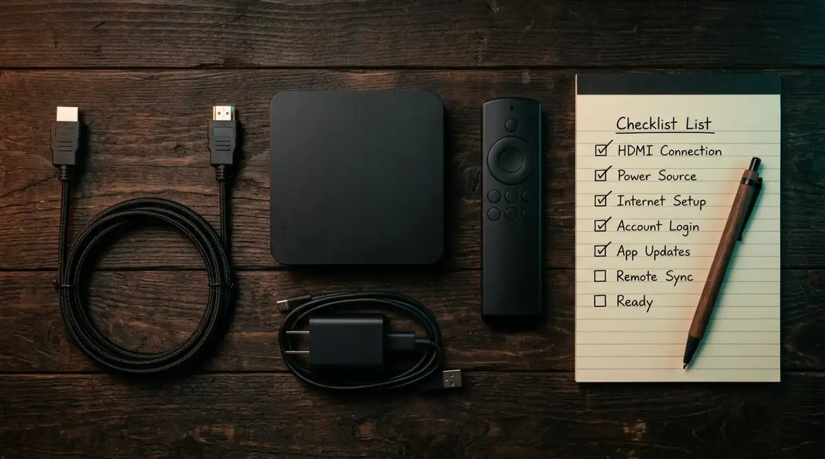Compatibility guide flat lay: a small black streaming box, a braided HDMI cable, a remote, a USB power adapter and a handwritten setup checklist on a dark wooden desk
