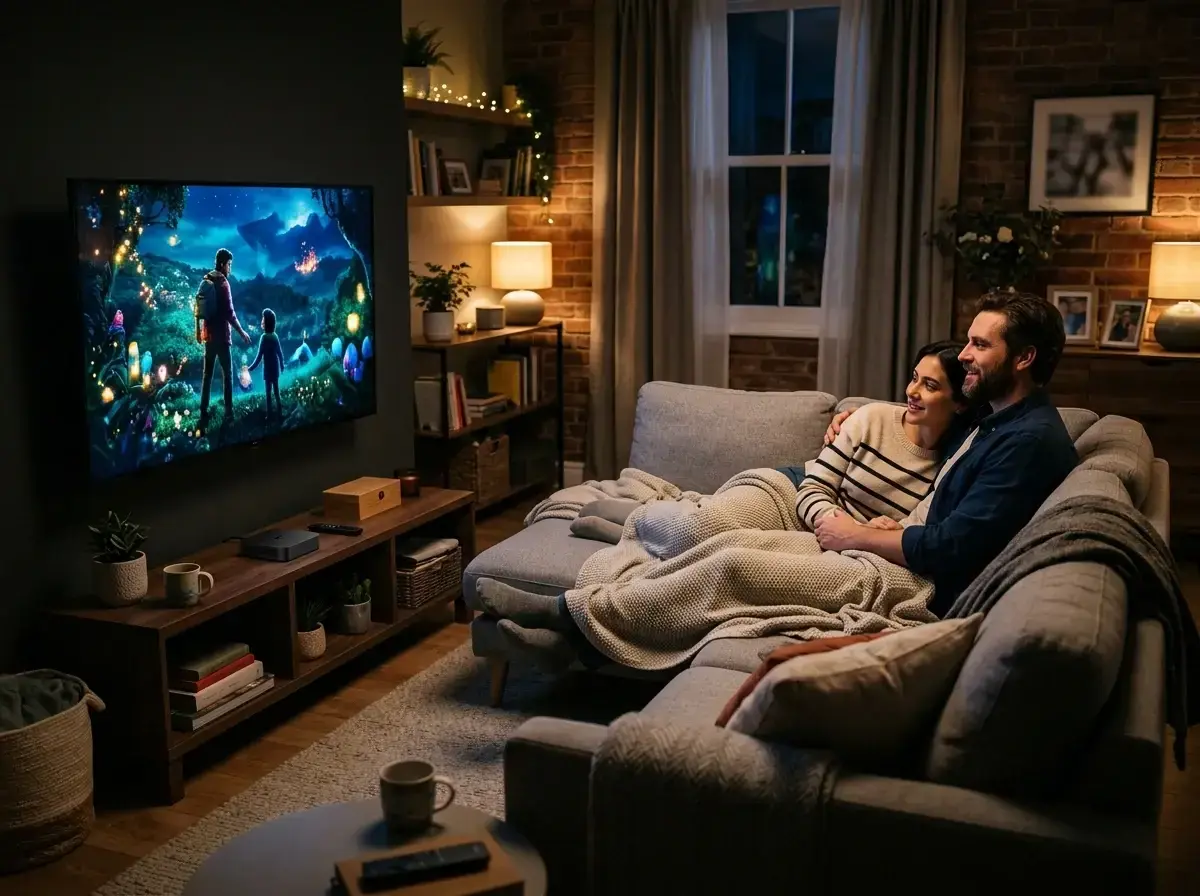 Couple relaxing under a blanket on a gray sofa in a cozy brick-walled living room, watching an animated movie on a wall-mounted TV, with a small black streaming box on the media console