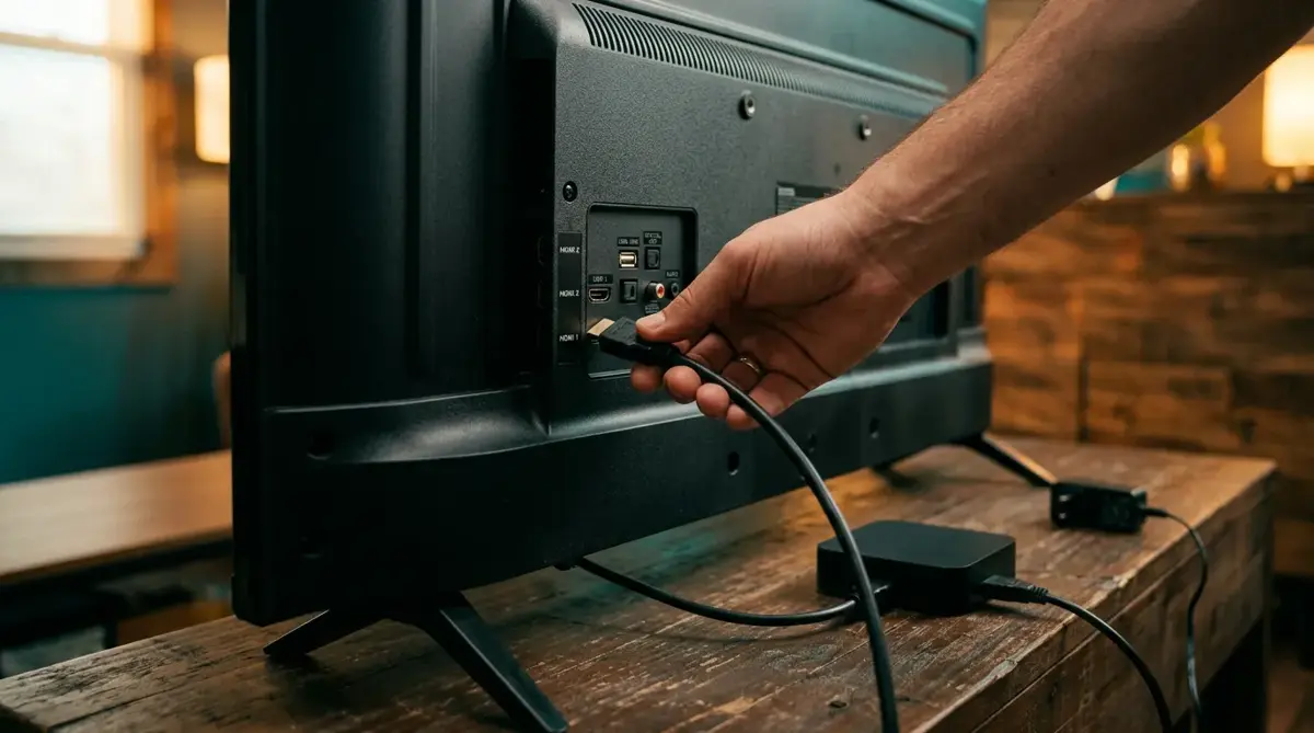 HDMI setup: a hand plugging an HDMI cable into the back of a flat-screen TV, with a small black streaming box and power adapter on a wooden table