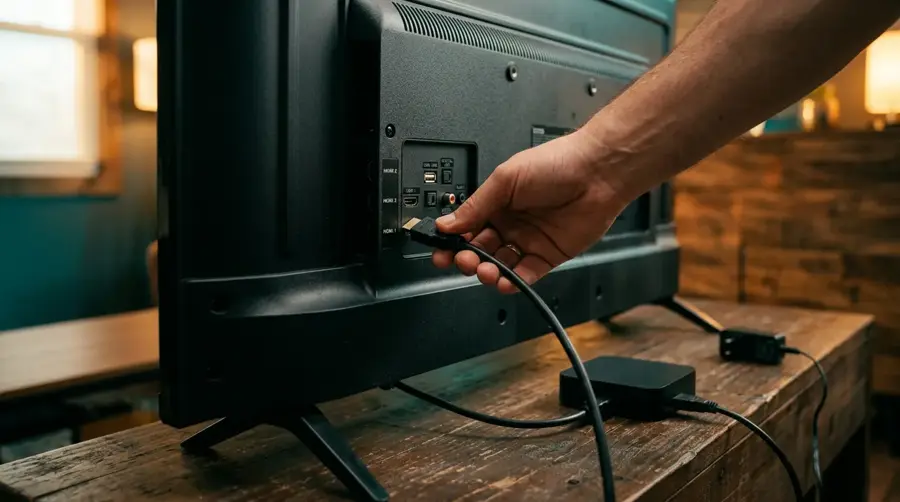 HDMI streaming device setup: a hand connecting an HDMI cable to the back of a TV next to a small black streaming box (illustrative image)