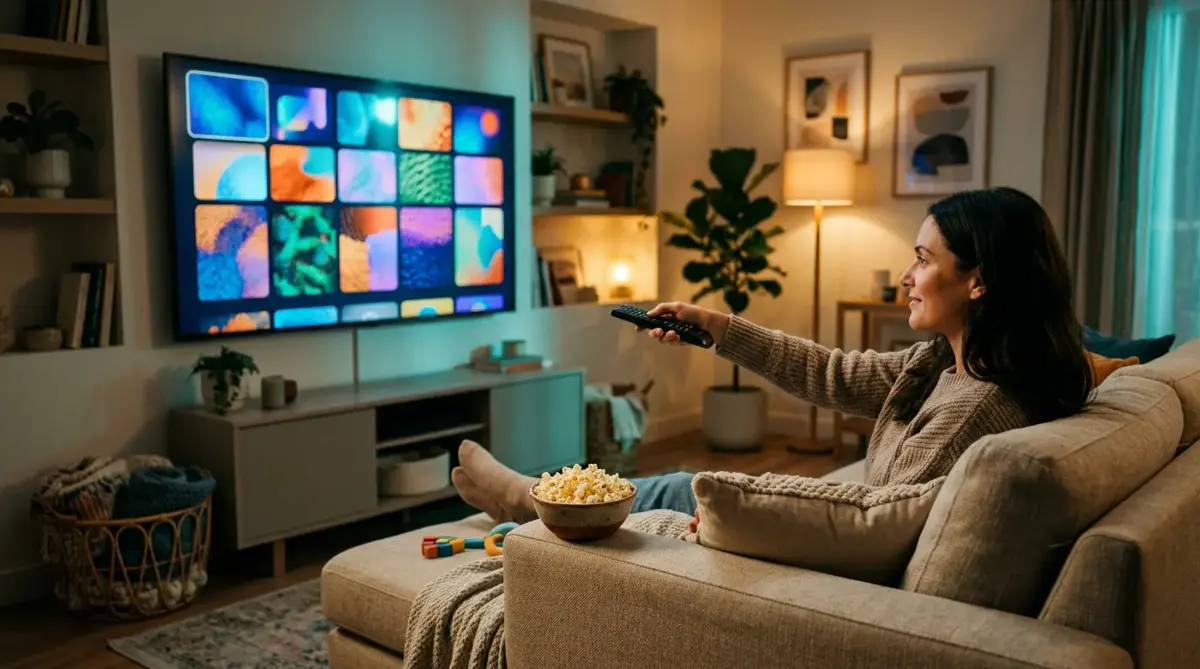 Home entertainment setup with a woman on a sofa pointing a remote at a large TV showing a grid of colorful app tiles, with a bowl of popcorn beside her