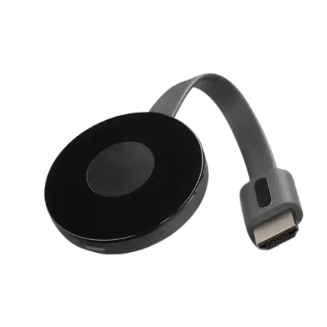 PLAYVERO TV Box: a round black streaming device with a short flat gray cable ending in an HDMI connector, on a white background