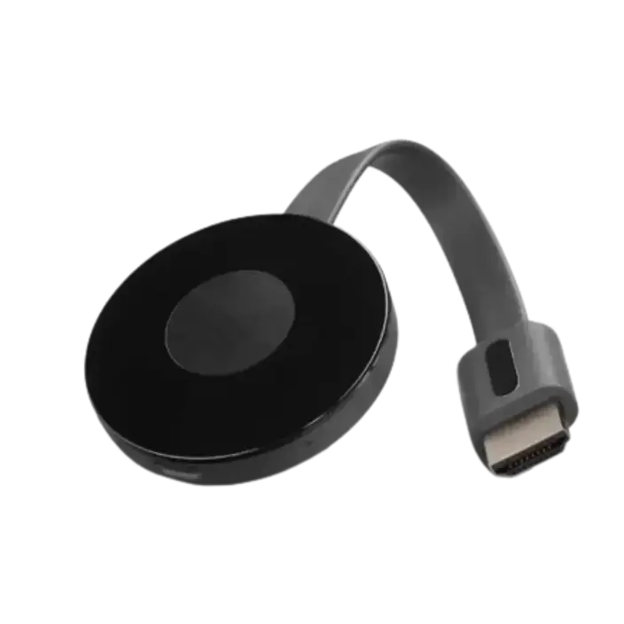 PLAYVERO TV Box: a round black streaming device with a short flat gray HDMI cable