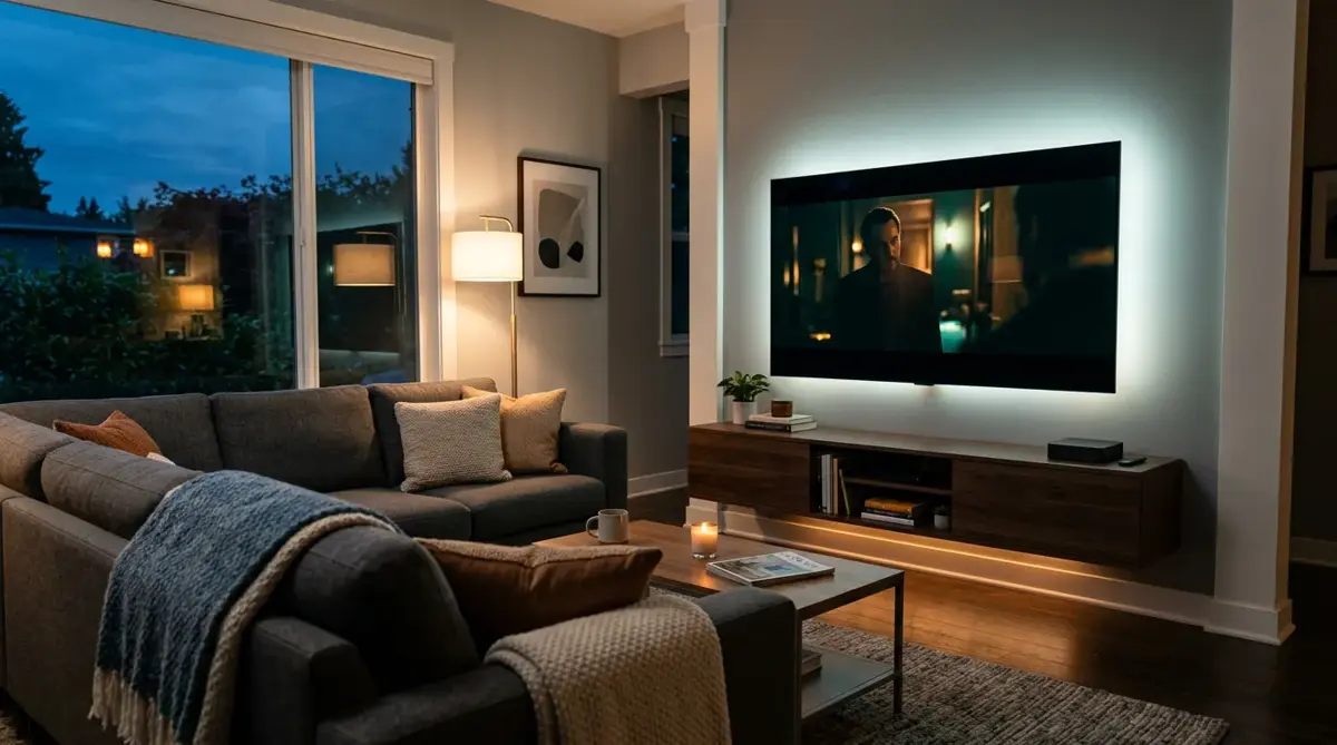 PLAYVERO TV Box review: evening living room with a wall-mounted TV, a small black streaming box on the media console and a sofa in the foreground