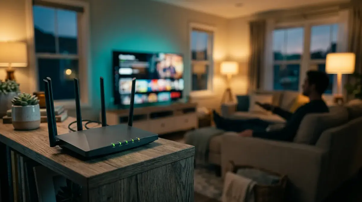 Wi-Fi connection for streaming: a router with green status lights on a side table, with a person watching a TV in the blurred background